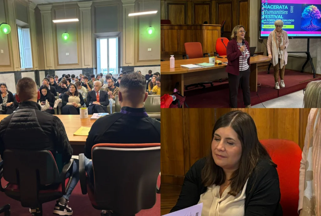 Da destra, alcune delle persone detenute all'interno della casa di reclusione di Fermio, insieme a Paola Nicolini e Lina Caraceni, referenti, insieme a Stefano Polenta del progetto Giochi in carcere. In bassso a sinistra la Direttricer del carcere di Fermo: Serena Stoico 